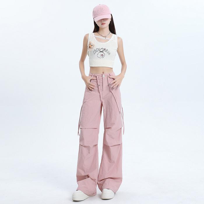 Women's High Waist Cargo Pants Wide Leg Trousers Quick Dry Drawstring Straight Pants Two Length Design Summer Casual Street Pants