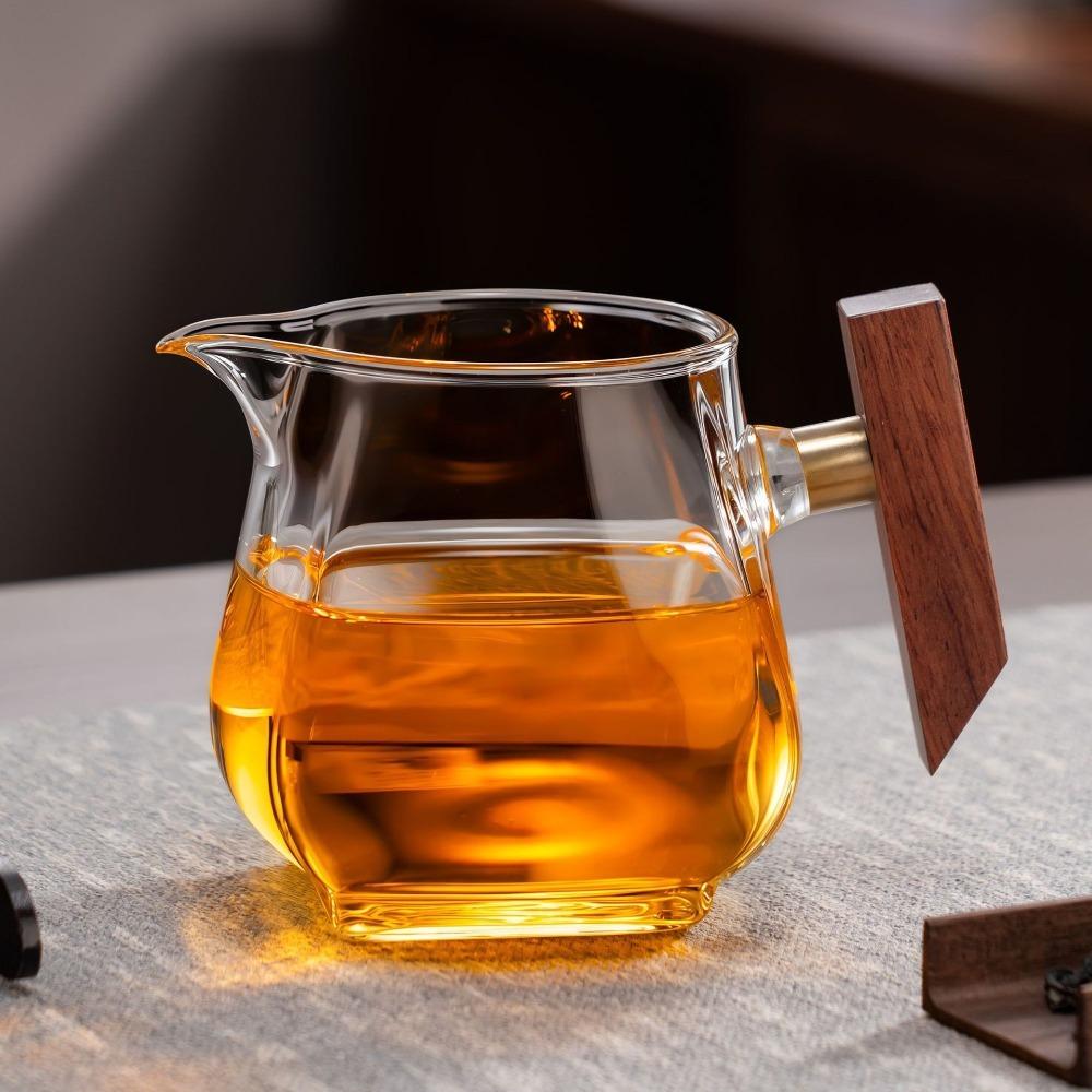 Heat-Resistant Four-sided Fair Cup Wooden Handle Water Pitcher Glass Tea Dispenser Office прозрачный