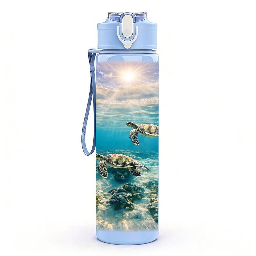 1PC Underwater Ocean Sea Turtle Print 750ml Color Plastic Sports Water Bottle Leakproof Flip Straw Lid Suitable for Sports Office Home Use