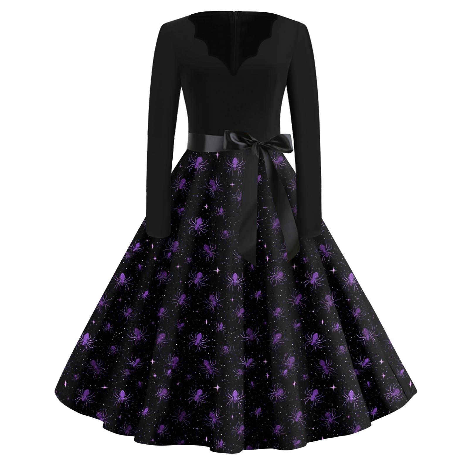 

Женская мода с v-образным вырезом, повседневные тонкие платья с длинными рукавами и принтом на Хэллоуин M