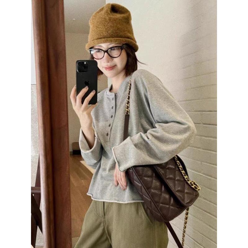

2025 Autumn Korean Lazy Style Grey Long Sleeve Half-Button Women s T-shirt Medium серый