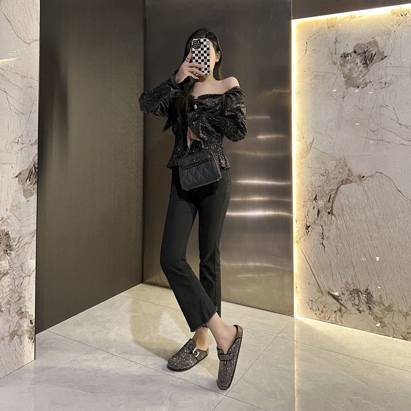 Non-slip Low-heeled Casual Single Shoes Fashionable Round Head Comfortable Versatile Feet Small Rhinestone Half Tray Women's Spring New Models