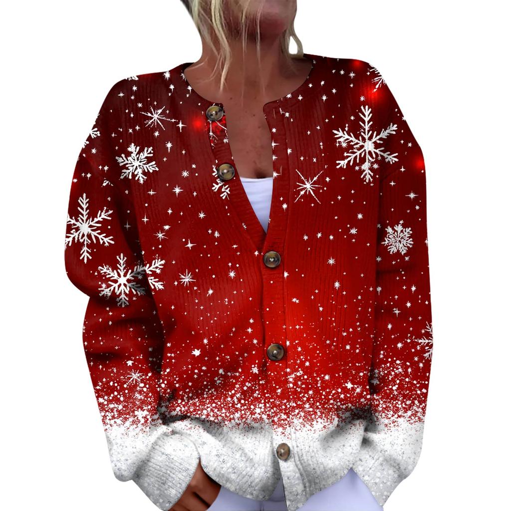 Women's Fashion Christmas Printed Long Sleeve Knitted Cardigan Button Down Jacket