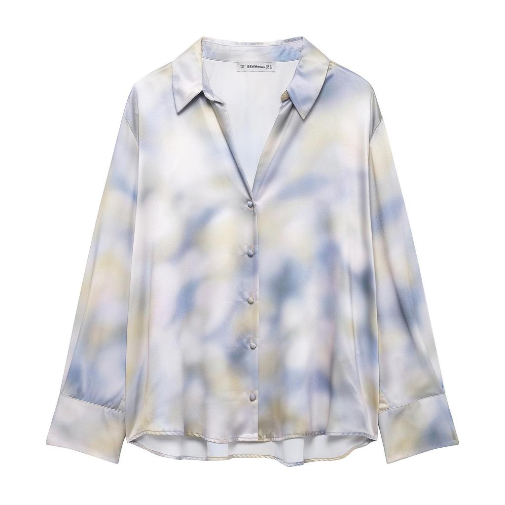 TAOP&ZA Women's Tie-Dye Silk Satin Long Sleeve Shirt and Midi Skirt Set - Spring/Summer Fashion