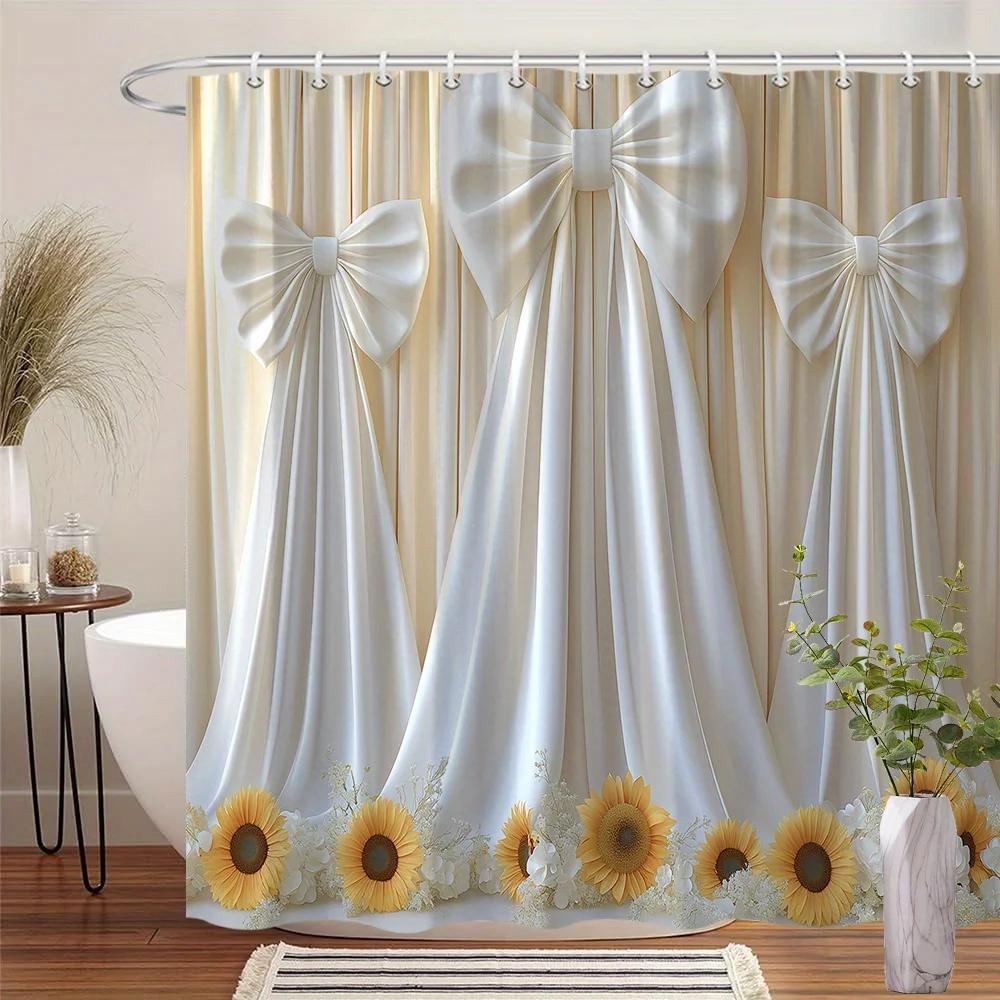 

Elegant White Satin Shower Curtain - Sunflower & Bow Design, Romantic Soft Bath Decor,12 Hooks, Perfect For Weddings Or Events W60H190(CM)-1 Pcs