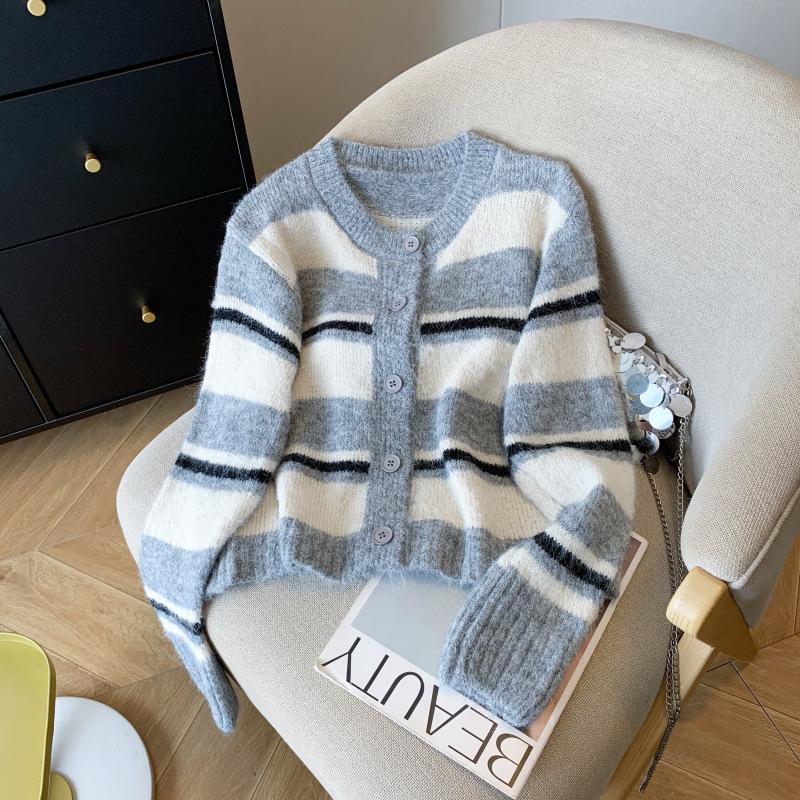 Vintage Color Block Stripe Knit Cardigan: Women's Soft, Thickened Warm Sweater Short Jacket