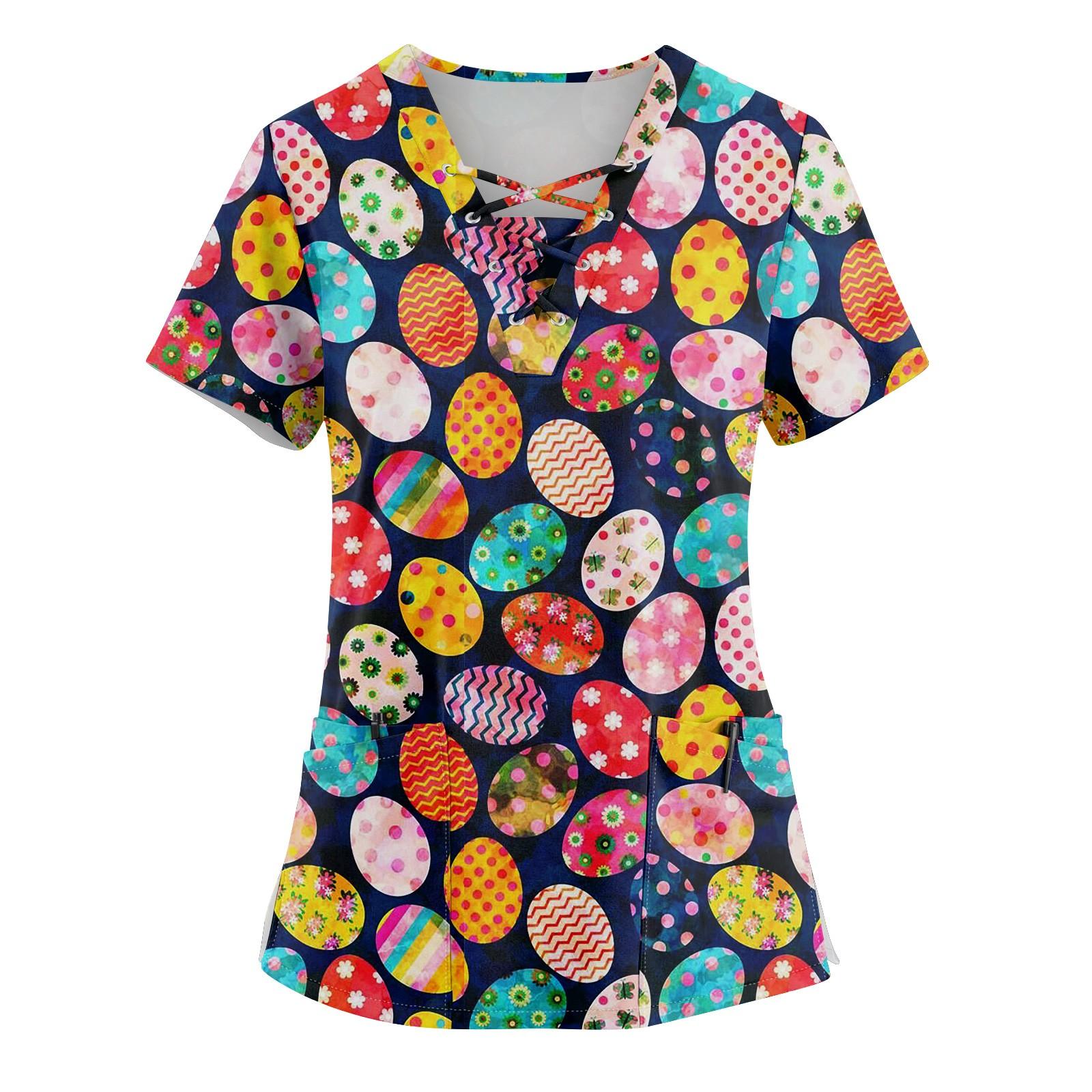 

Женский топ с коротким рукавом, V-образным вырезом, завязкой, принтом пасхального кролика и карманом S