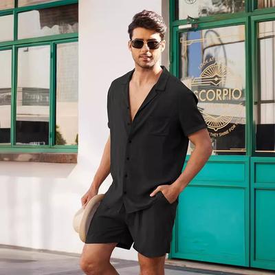 Summer Cotton Linen Shirt Set Men's Casual Outdoor 2-Piece Suit Andhome Clothes Pajamas Comfy Breathable Beach Short Sleeve Sets