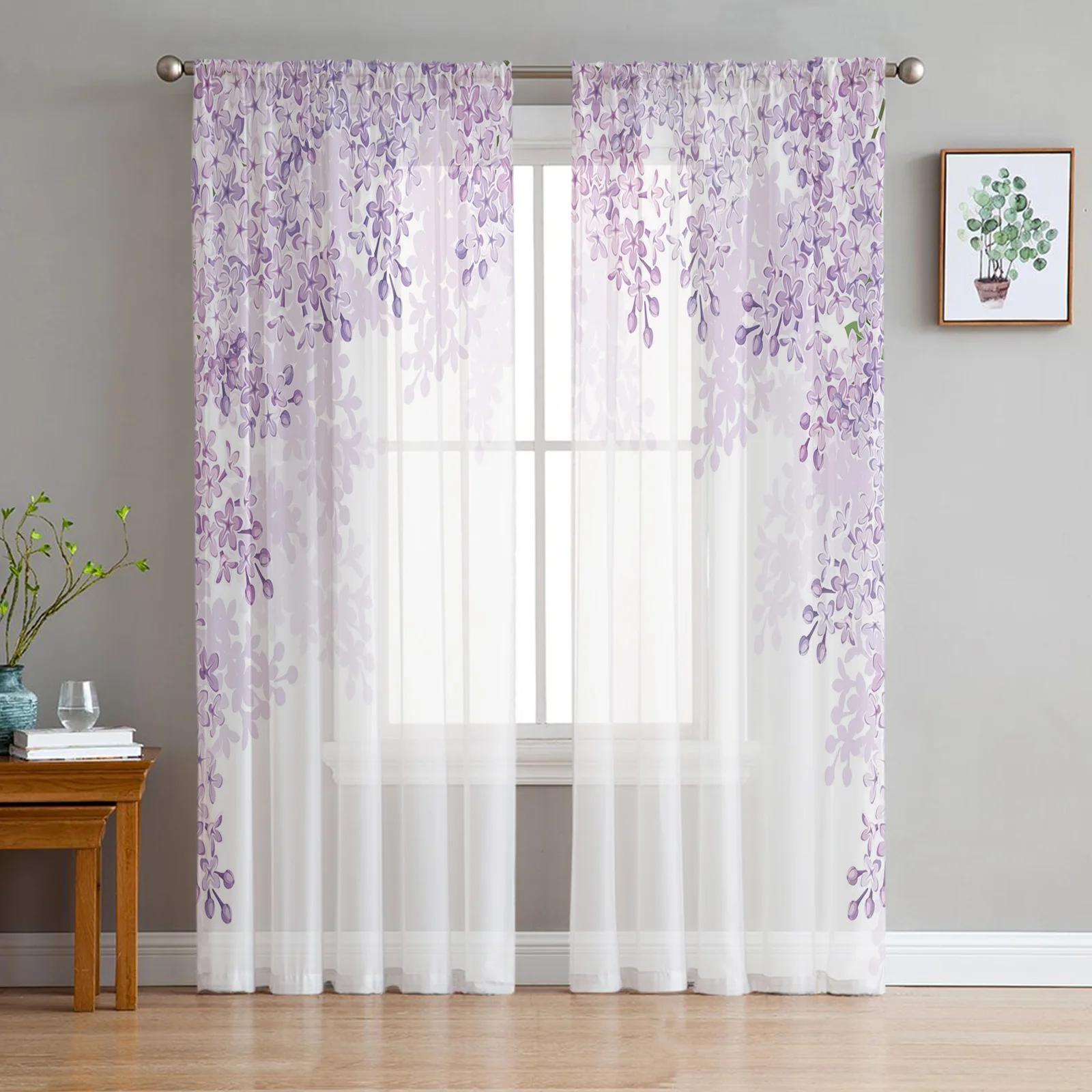 

Life Of Flower Purple Tulle Curtains for Living Room Print Sheer Voile Curtain Bedroom Window Screening Drapes Blinds Home Decor W135 x H115cm x1&Grommet Top