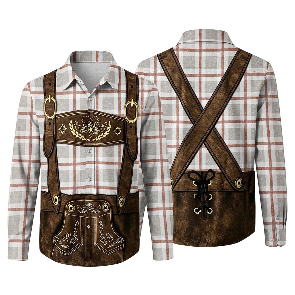 Herren Langarmhemd mit 3D-Druck Karomuster Klassischer Kragen Lockerer Schnitt Vintage-Stil für Festivals Partys und Outdoor-Aktivitäten