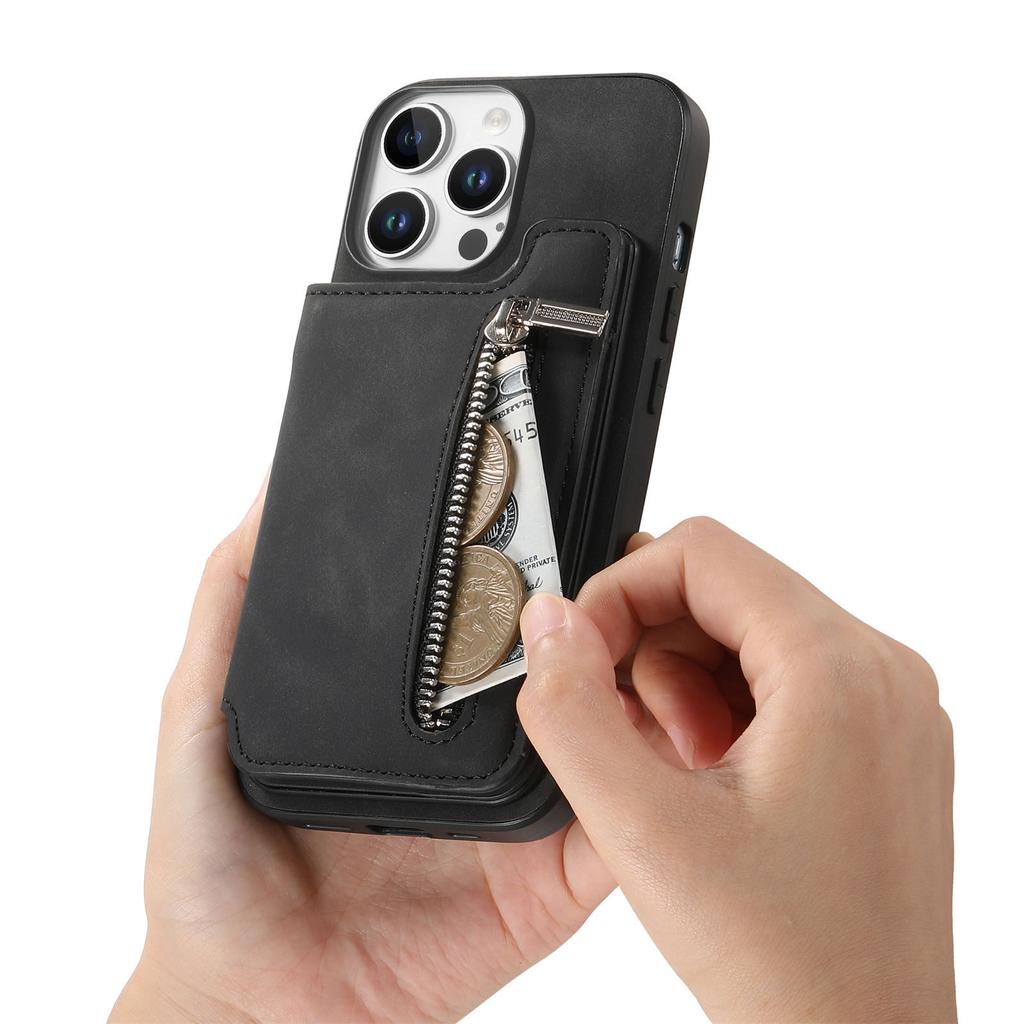 For iPhone 16 Pro Case Magnetic Detachable Zipper Card Holder Leather+TPU Phone Cover