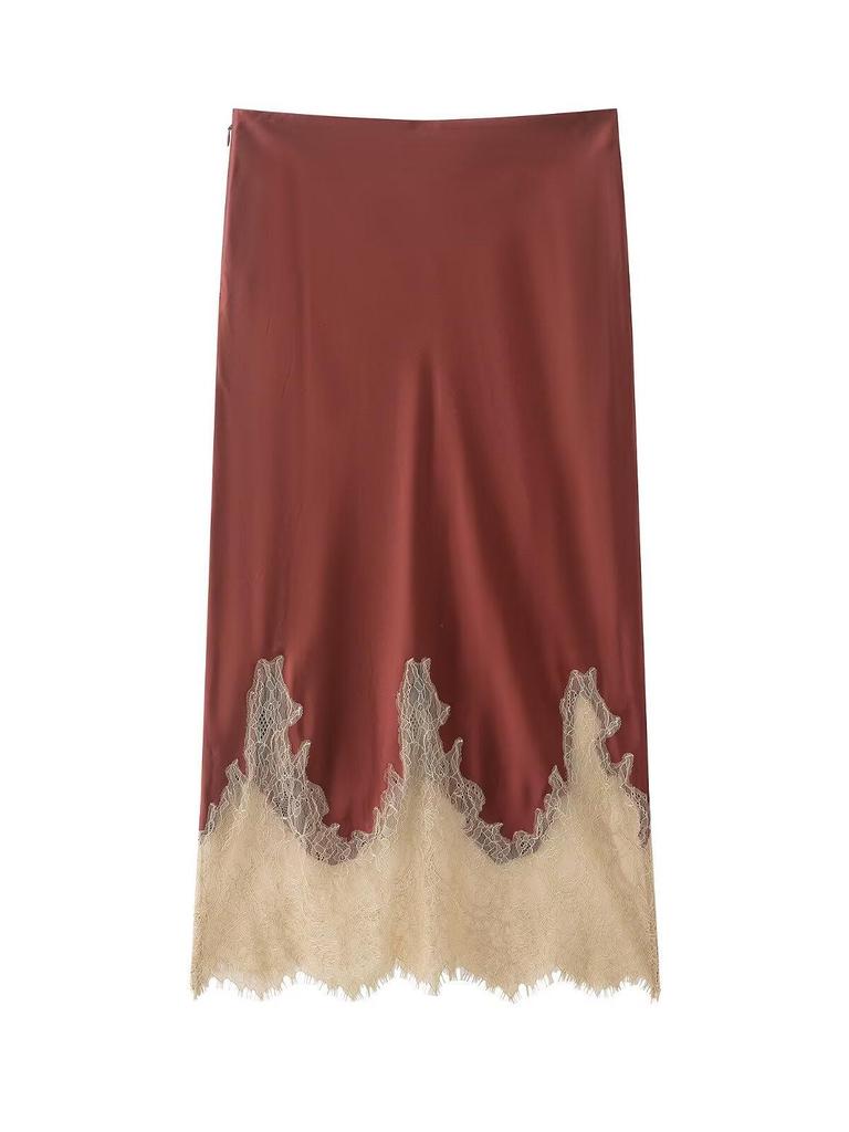 European Women's Beaded Sequin Embroidered Silk Satin Lace Trim Midi Skirt