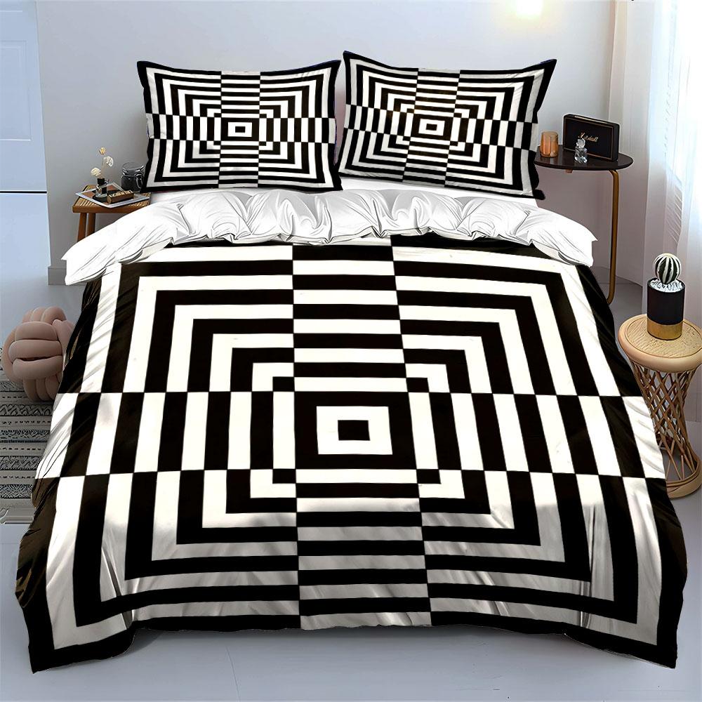 """Geometrisches Schwarz-Weiß-Dekor-Set" Bettwäsche-Set mit 1 Bettbezug 2 Kissenbezügen Einzelne Doppel King Queen, Geschenk"""