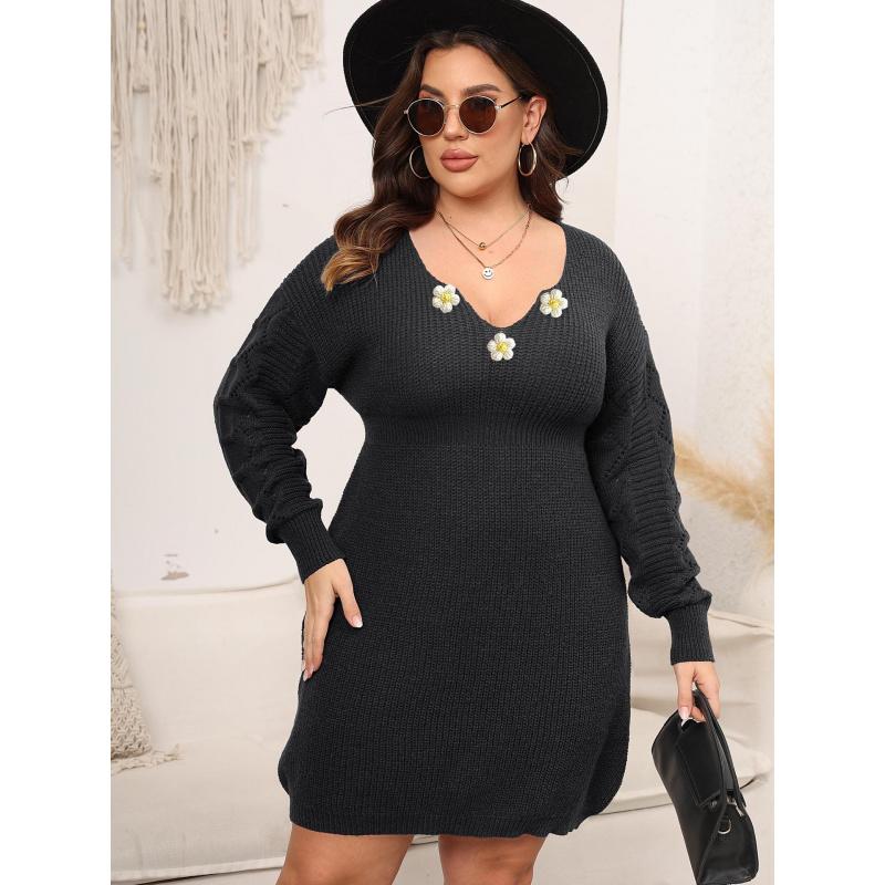 Dámské oblečení plus size Podzim Zima Nové Pletené svetrové šaty s výstřihem do V Ručně háčkované květinové patchworkové pasové šaty