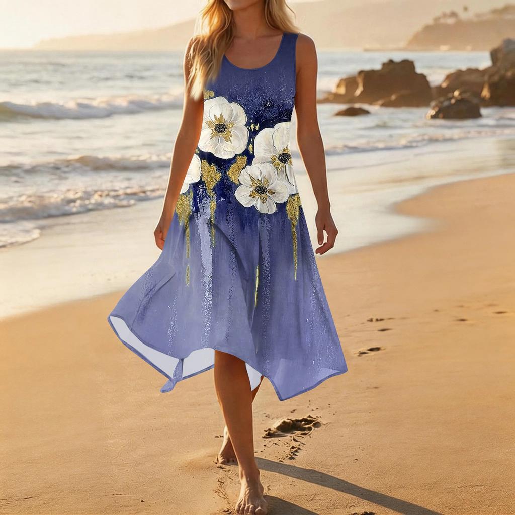 Damen Lässiges Mode-Midikleid mit Rundhalsausschnitt, ärmellos und unregelmäßigem Saum