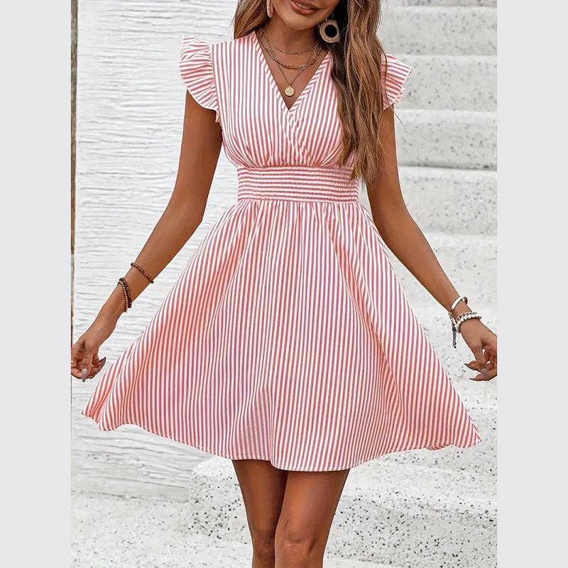 Women Summer Ruffles Fly Sleeve V Neck Striped Printed One Piece Dress