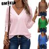 Women's Fashion Casual Solid Color Print Long Sleeve V Neck Blouses & Shirts