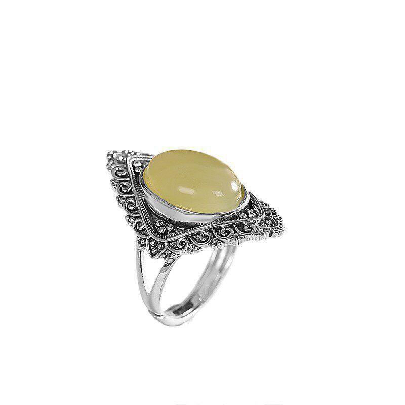 Adjustable Open Ring Women Men Vintage Geometric Design Copper Jewelry With Green Jade Accent