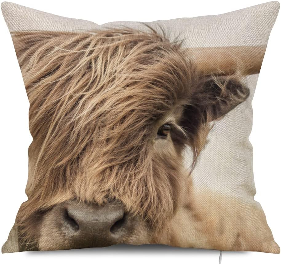 Highland Cow Throw Pillowcase, Decorative Cow Print Linen Pillowcase Sofa Cushion Living Room Car Bedroom Cushion Cover