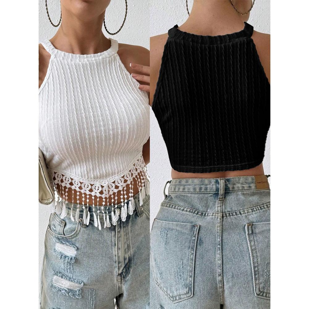 Women's Spring Summer New Elegant Tassel Vest Short Slim Fit Crop Top