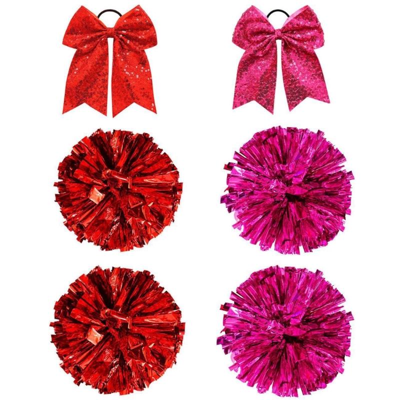 Metallic Cheerleading PomPoms Cheer PomPoms And Bows Large Cheer Hair Bows Ponytail Holder Softball Dance Cheerleader