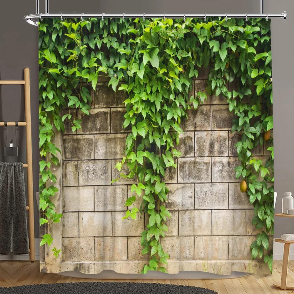 Brick Wall Shower Curtain Botanical Flower Natural Farm Vine Barn Rustic Wood Panel Home Polyester Fabric Bathroom Decor Curtain
