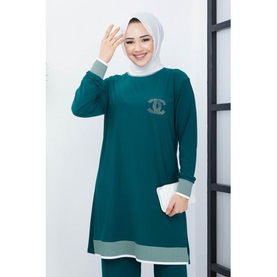 Islamska szafa damska prążkowana tunika spodnie garnitur hidżab