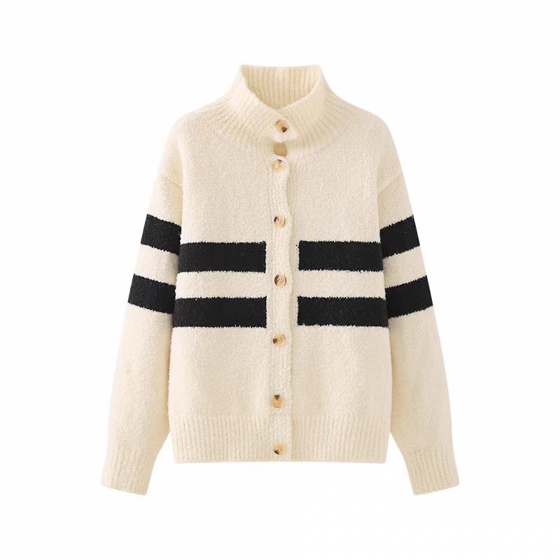 Vintage turtleneck black and white striped knitted cardigan women's autumn winter contrasting colors oversized sweater lazy coat