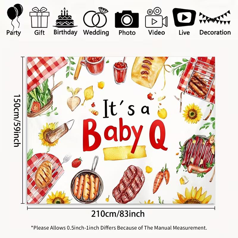 2D Flat Baby Shower Backdrop "It's a Baby Q" Watercolor BBQ Theme Background Cloth