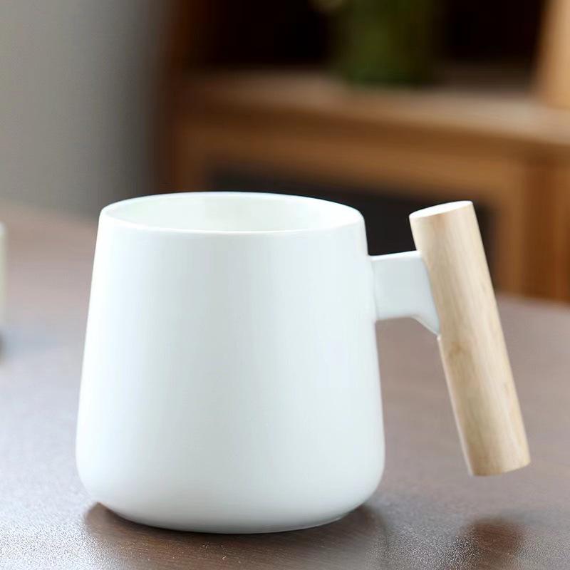 Nordic Ceramic Mug with Lid & Spoon - Wooden Handle, Ideal for Coffee, Office, or Gift with Logo Print.