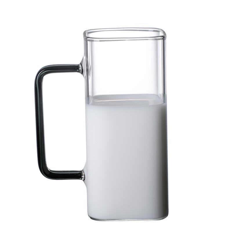 Glass Water Cup Milk Cup Tea Cup Breakfast Beverage Cup High Borosilicate Square Color Handle Glass Water Cup