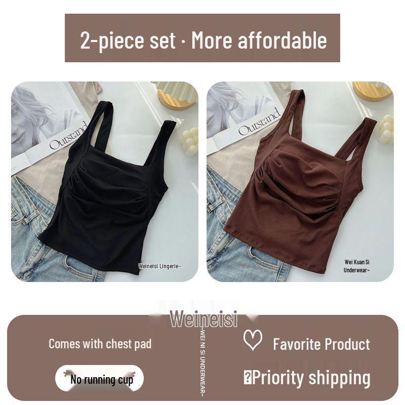 Korean Ruffled Spaghetti Strap Women's Tank with Chest Pads - Sexy Backless Slimming Base Layer