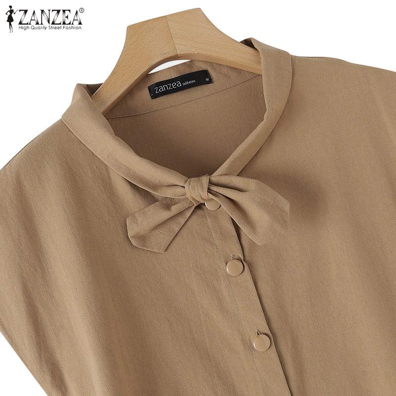 ZANZEA Women Casual Bow Tie O-neck Summer Short Sleeve Dress