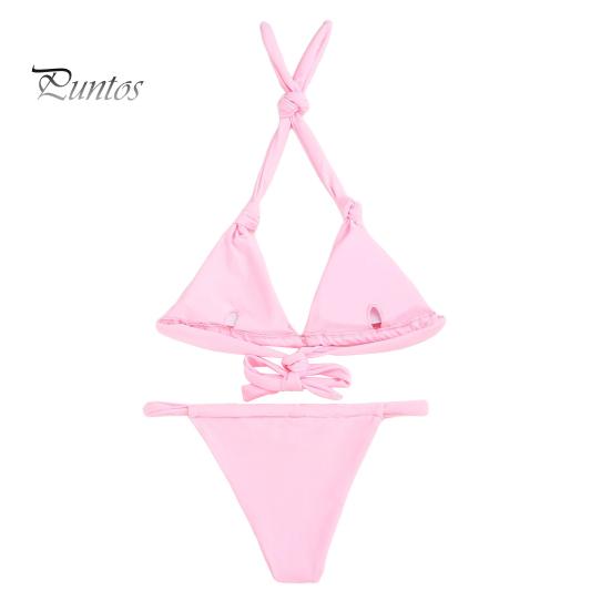 

2 шт./комплект женский комплект бикини с лямками на шее, беспроводной бюстгальтер бикини с высокой талией, комплект плавок, раздельный дизайн, однотонный купальник M розовый