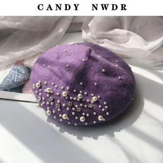 Autumn/Winter Wool British Retro Pearl Beret, Korean Style High-End Feel фиолетовый