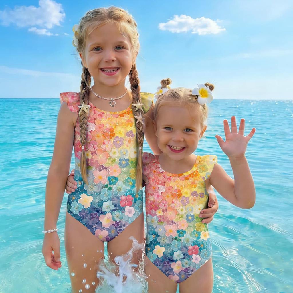 Girls One Piece Swimsuit Floral Print Sleeveless Ruffle Shoulder Design Lightweight Comfortable Fabric Suitable for Summer Beach Pool Swimwear