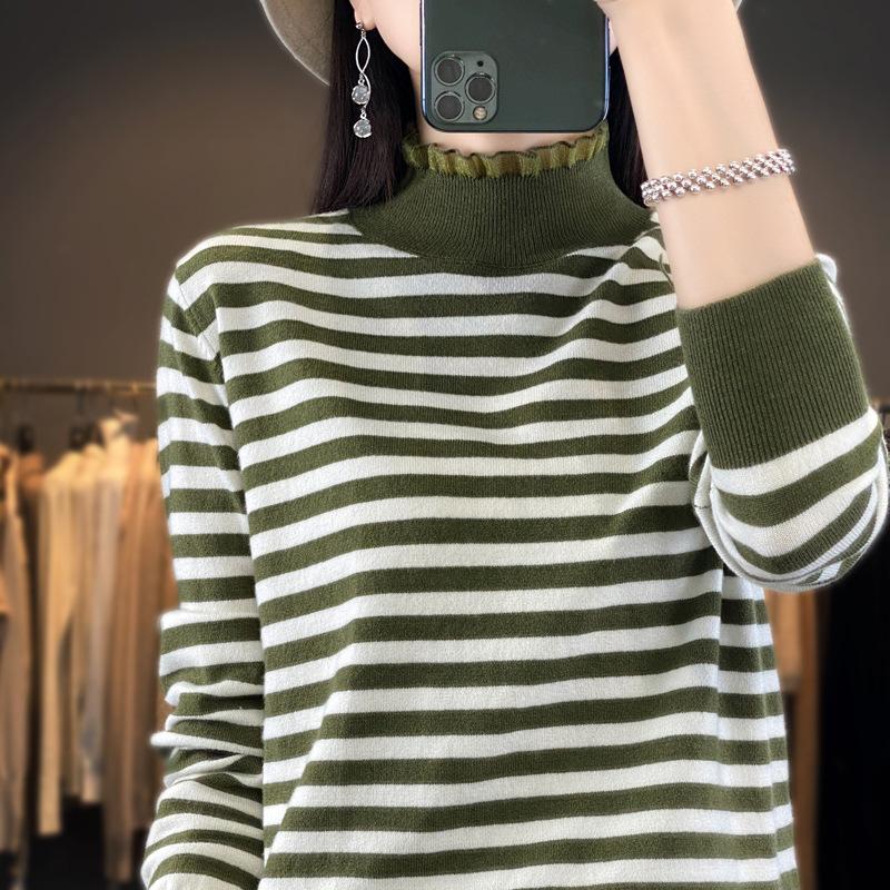 YYFS Women's Fashion Casual Stripe Print Autumn Winter Long Sleeve Half Turtleneck Sweaters