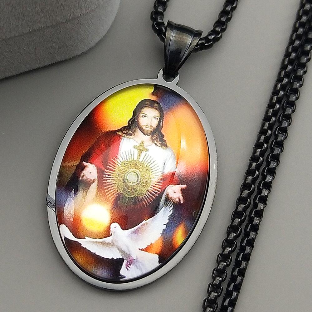 Christian Jesus Dove Glass Pendant Necklace for Women Men Stainless Steel Gold Silver Color Religion Faith Amulet Jewelry Gift