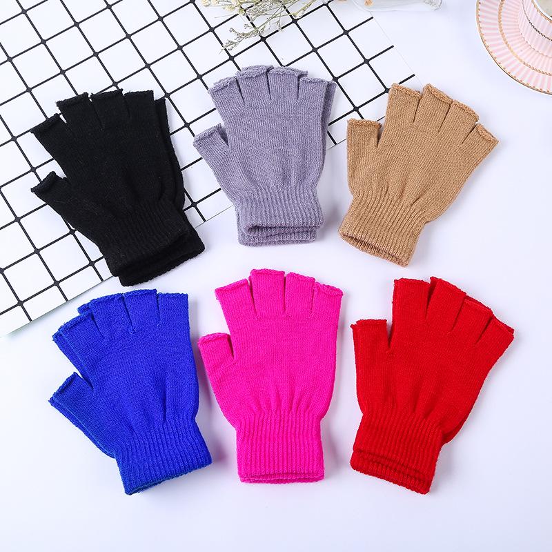 Autumn/Winter Warm Acrylic Knit Half-Finger Solid Color Office Gloves