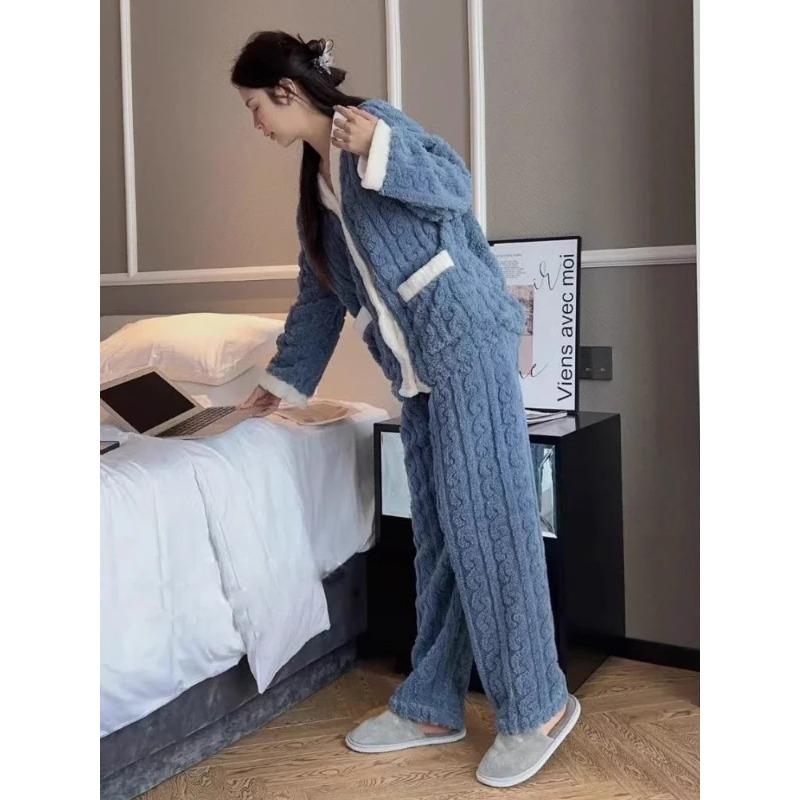 Verdickter Warmer Flanell Damen Winter Langarm Gestreifter Pyjama Junge Mädchen Einfarbig Locker Nachtwäsche Homewear 2-teiliges/Set Schlafanzug