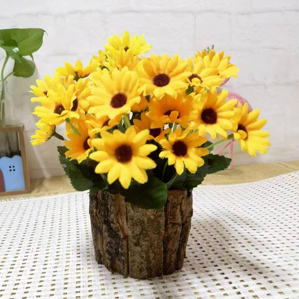 

Natural Appearance Artificial Green Plant Realistic Handmade Bark Bucket Decoration Plastic Fake Sunflower Set Living Room