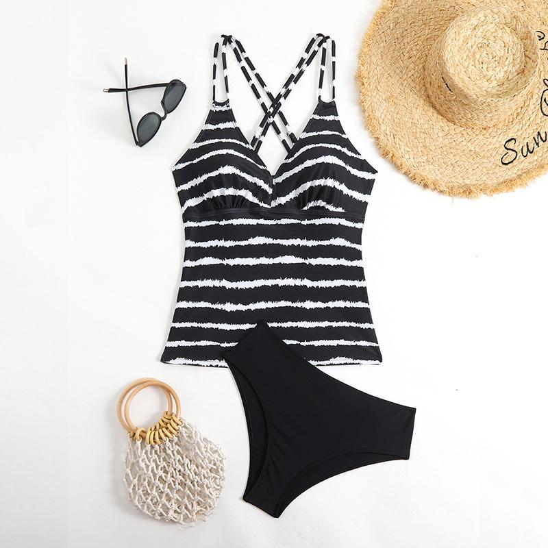 

Striped Bikini Set Trendy High-Waisted Bottom & Triangle Top Summer Stripe Vest T-Shirts Summer Two Piece Swimsuit Beach S
