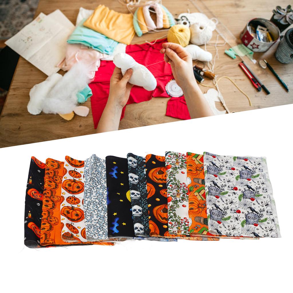 10 Sheets Halloween Cotton Fabric Ghost Pumpkin Skull Print Pattern DIY Cotton Fabric Bundles for Sewing Quilting 25x25cm / 9.8x9.8in