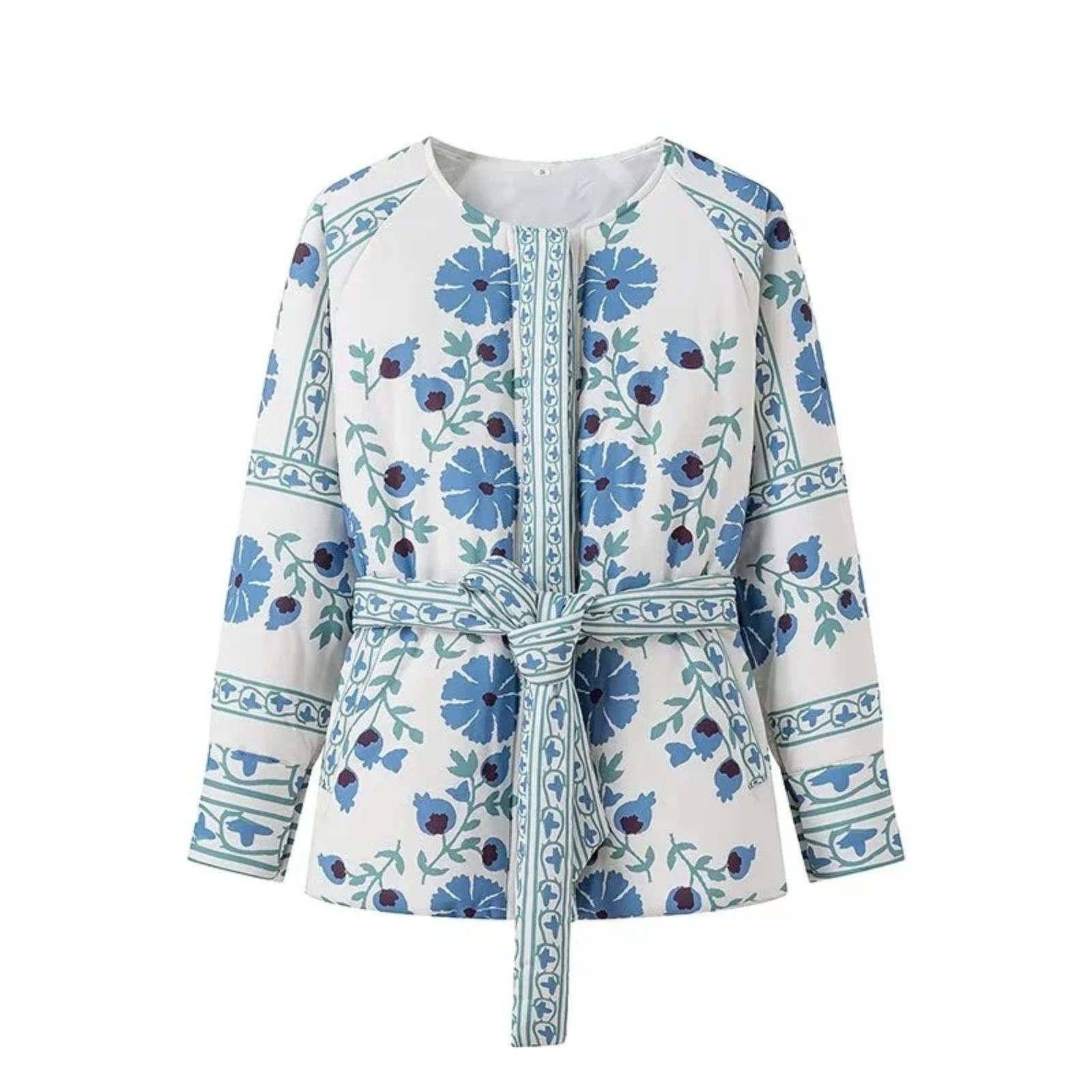 

Women s Printed Tie,Front Floral Cotton Jacket S білий