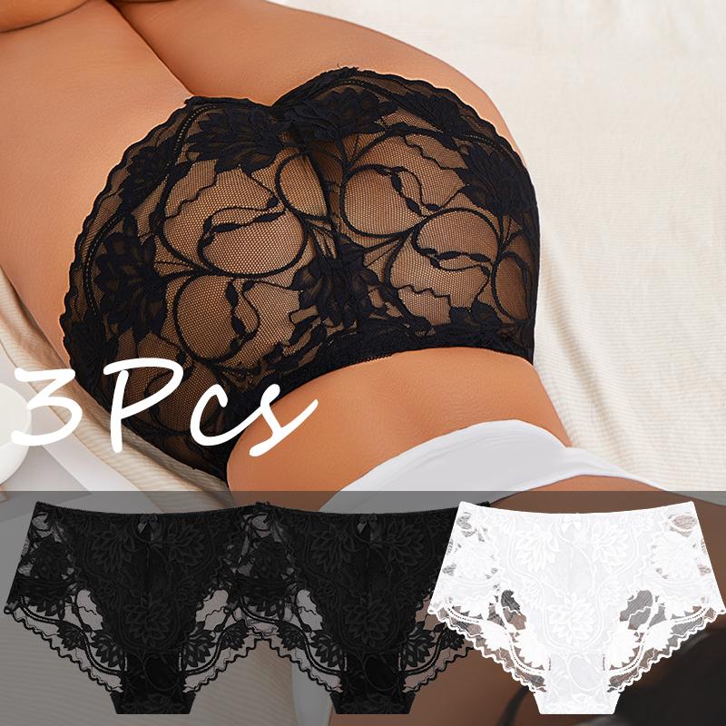

3 шт. Женские кружевные трусики с цветочным узором, сексуальные прозрачные трусики, трусы больших размеров, женское бесшовное нижнее белье, кружевное белье с вырезами XXL