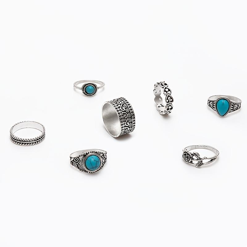 Vintage silver distressed turquoise ring, fashionable with engraved rose pattern, inlaid with synthetic turquoise, suitable for dating 7Set