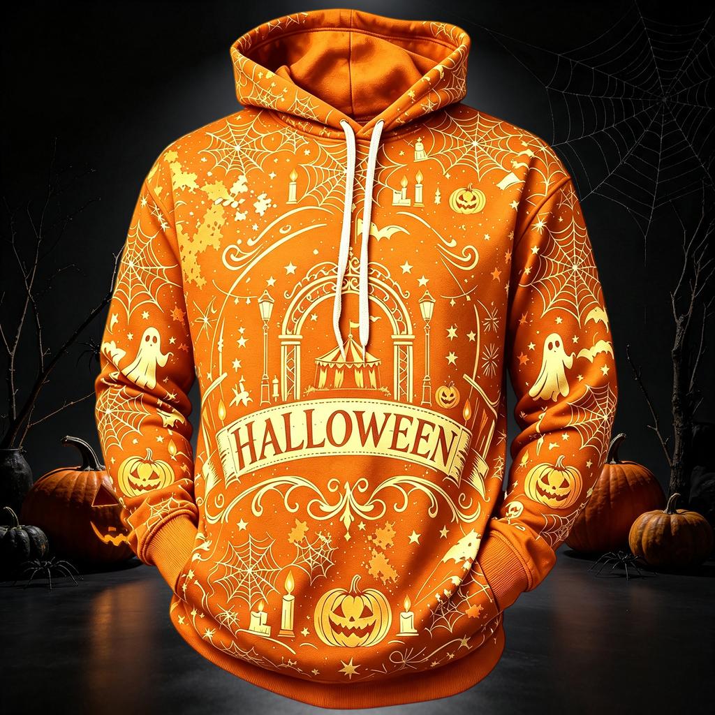 Men's Casual Long Sleeve Hoodie with Halloween Print for Everyday Wear