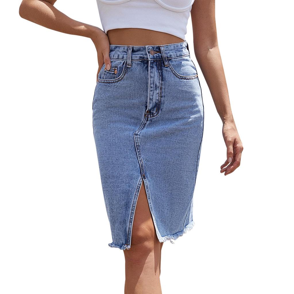 Women's High-Waisted Mid-Length Split Denim Skirt - European & American Style