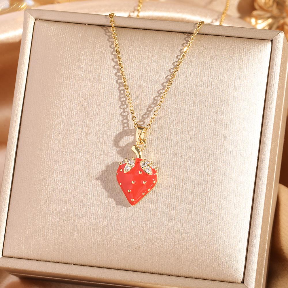 Fashion Zircon Cherry Pendant Titanium Steel Necklace Women's Collarbone Chain Jewelry