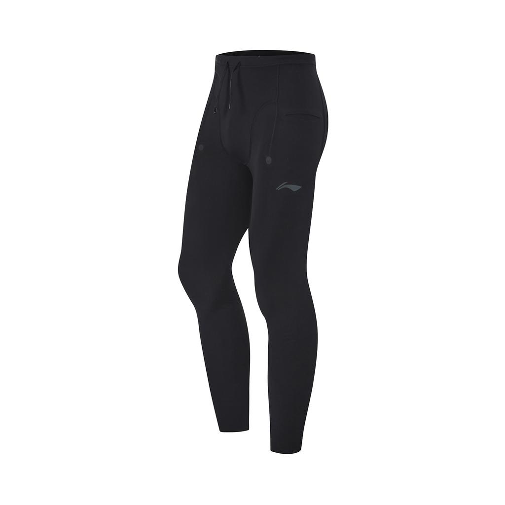 Li Ning Running Series Solid Color Mid Waist Comfortable Breathable Versatile Tight Sports Long Pants Men bottoms Black AULU003-1